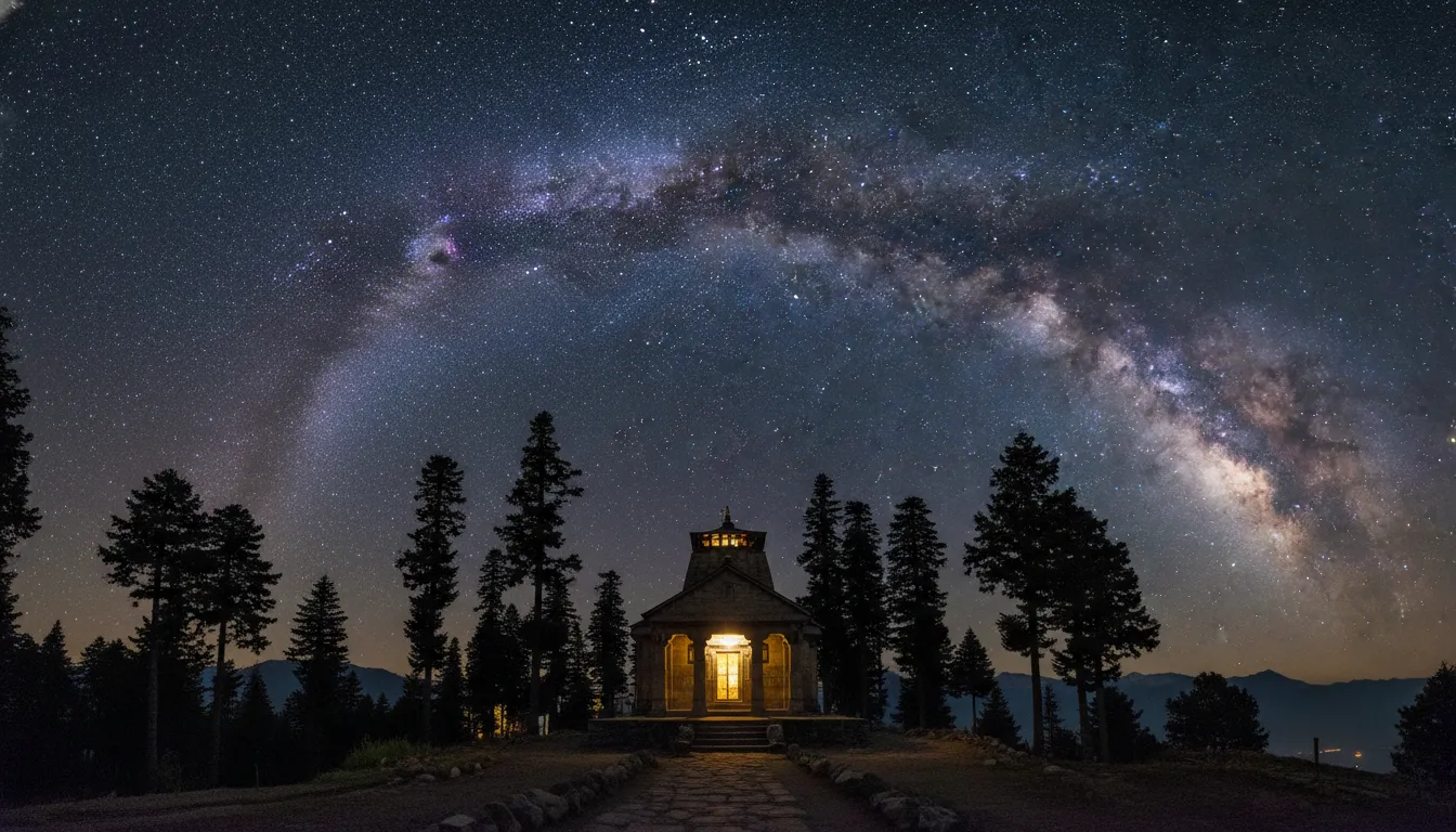 Milky Way galaxy and starry night sky over the illuminated silhouette of Binsar Mahadev Temple Almora.