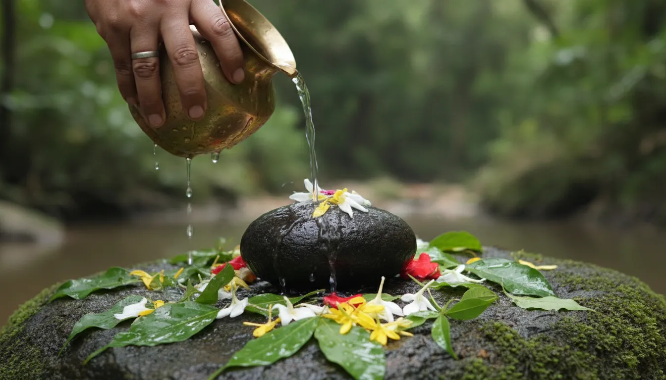 Hand holding brass pot pouring water on a stone lingam outdoors