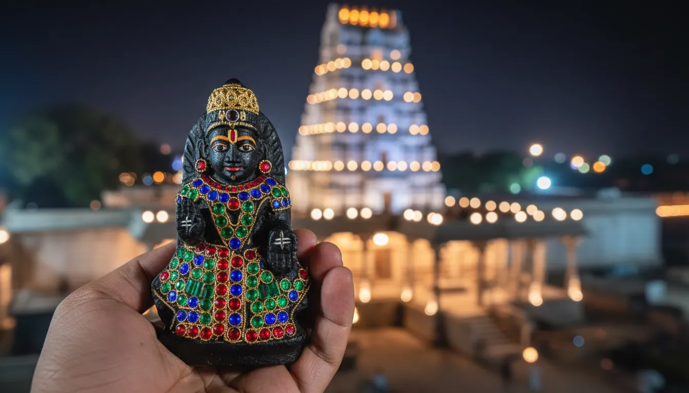 Small decorated black idol with golden crown held in hand with a blurred temple illuminated at night
