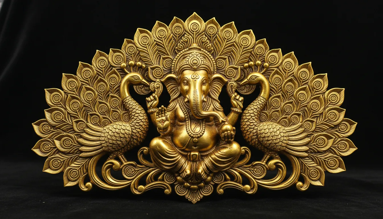 Minimalist circular gold plate with an embossed abstract Ganesha icon