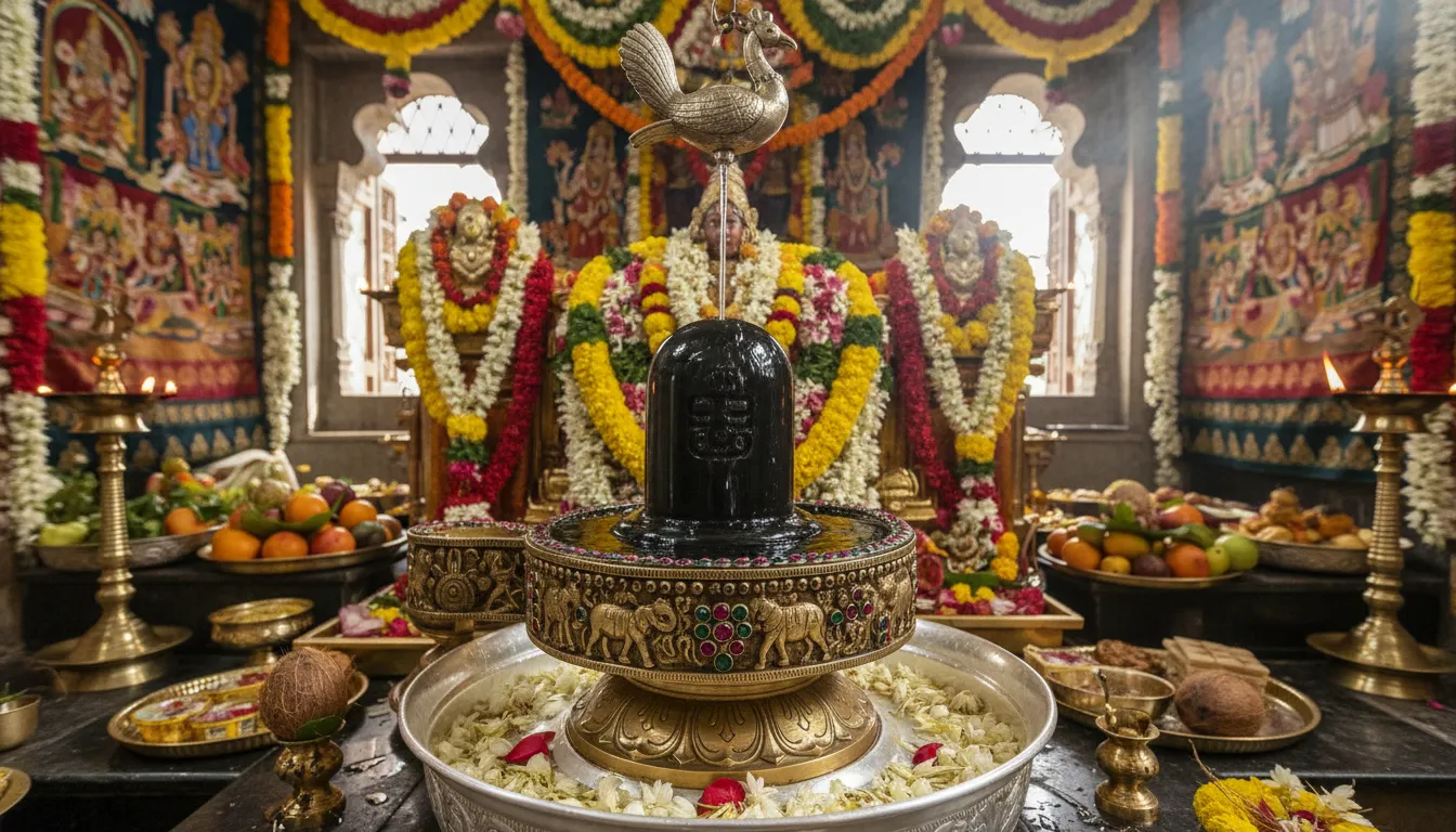 Lingam under a decorative water vessel surrounded by colorful temple decorations