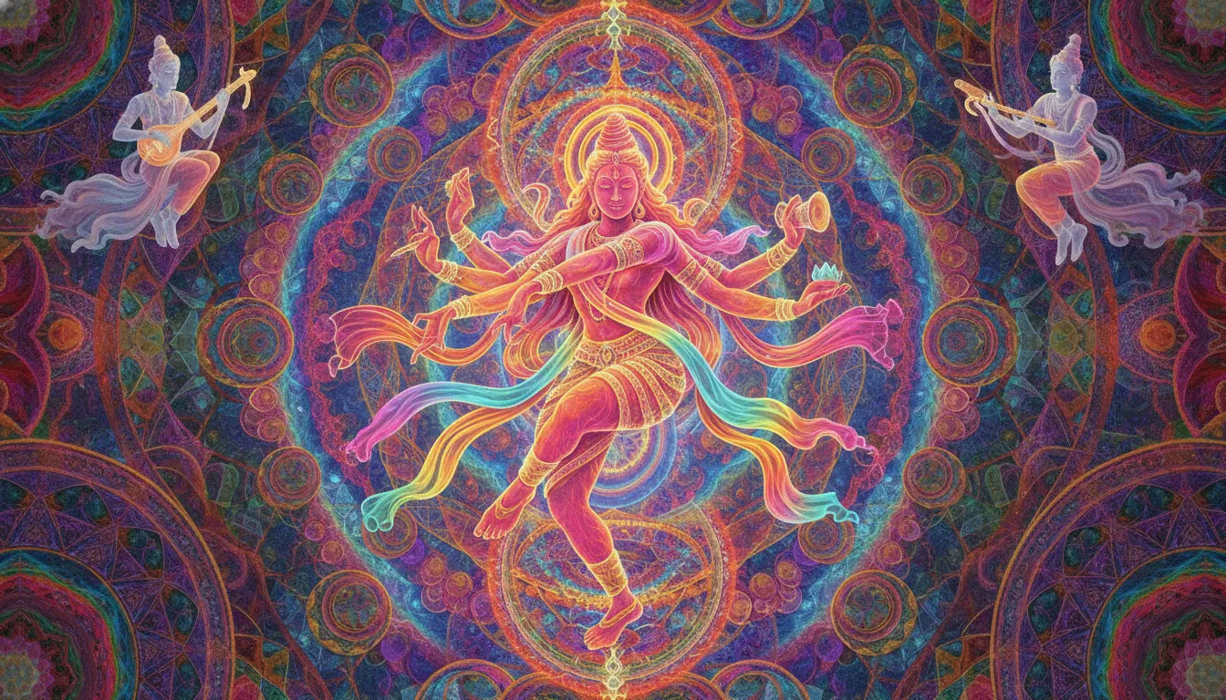 Vivid psychedelic art of a dancing deity with intricate mandala backgrounds