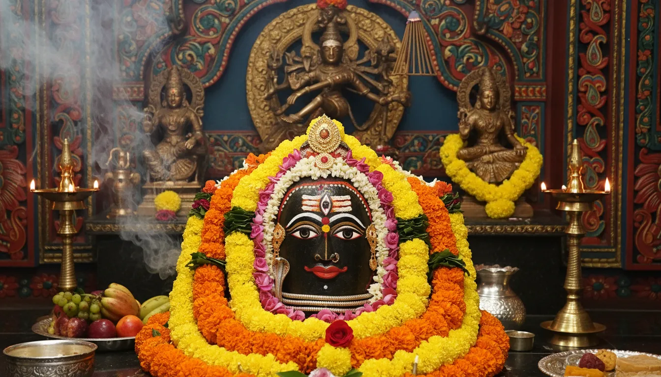 Decorated Shiva lingam with a painted face and colorful floral garlands