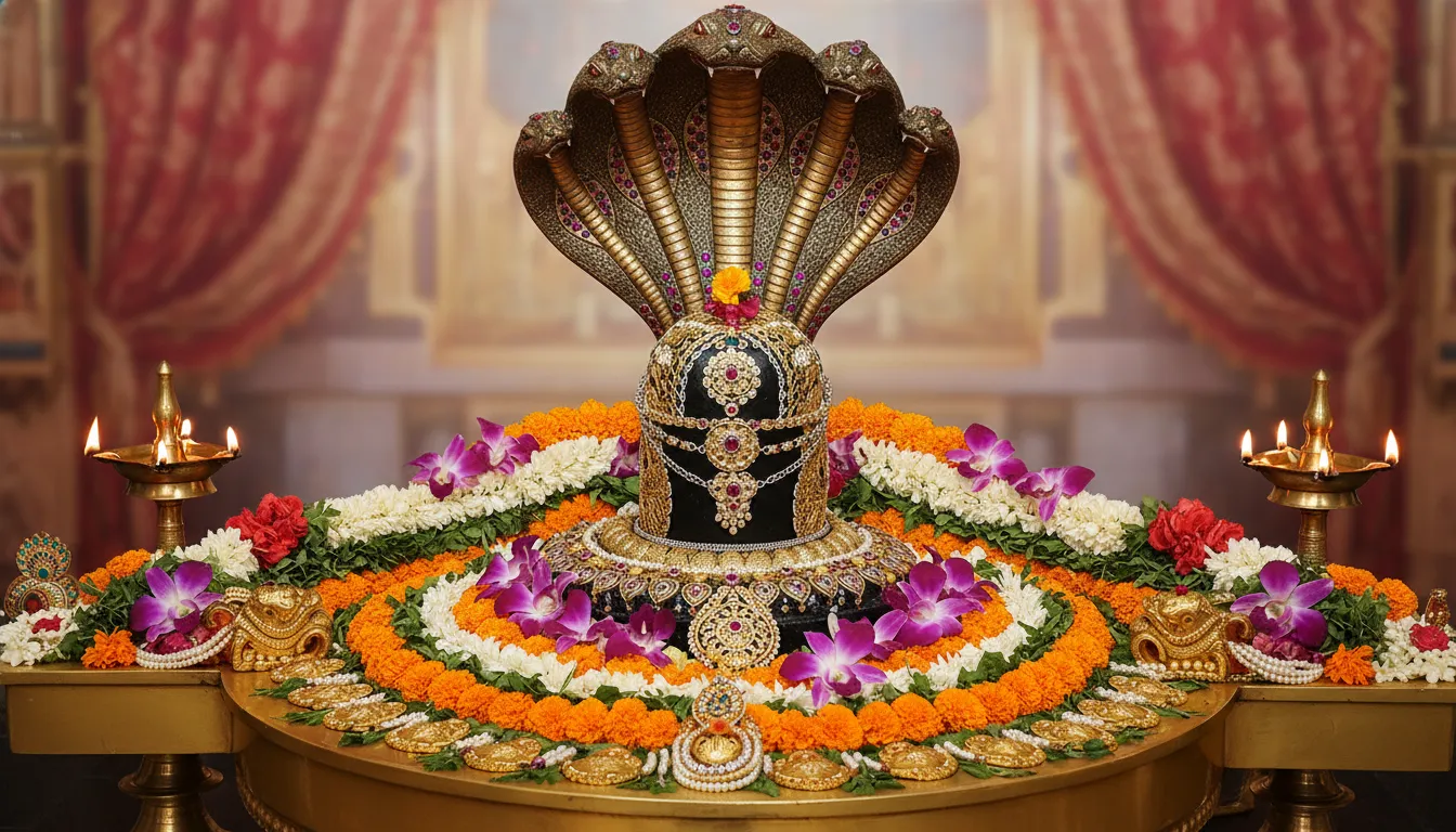 black lingam decorated with flowers, beads, and ornamental cobra hood backdrop