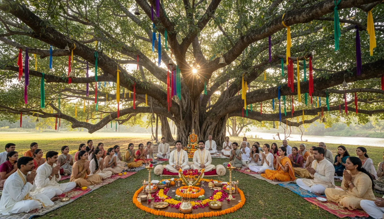 An outdoor sacred ceremony gathering scene under a large banyan tree with colorful decorations.