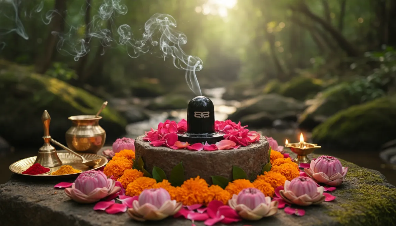 small lingam placed among flowers with incense smoke rising and brass utensils nearby