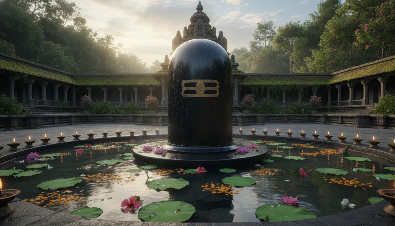 indoor shiva lingam with ritual offerings flowers and water pouring ceremony
