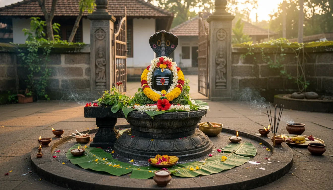 Shiva lingam placed outdoors with floral offerings and a cobra structure above