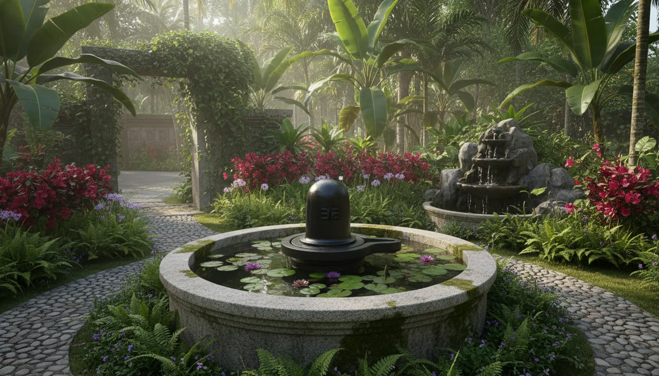 stone shiva lingam fountain in garden with greenery and water basin