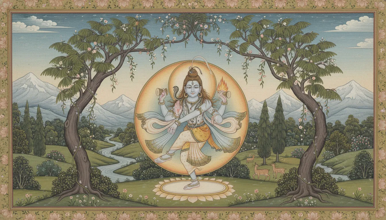 Pahari style Nataraja painting with Himalayan mountain scene arch frame