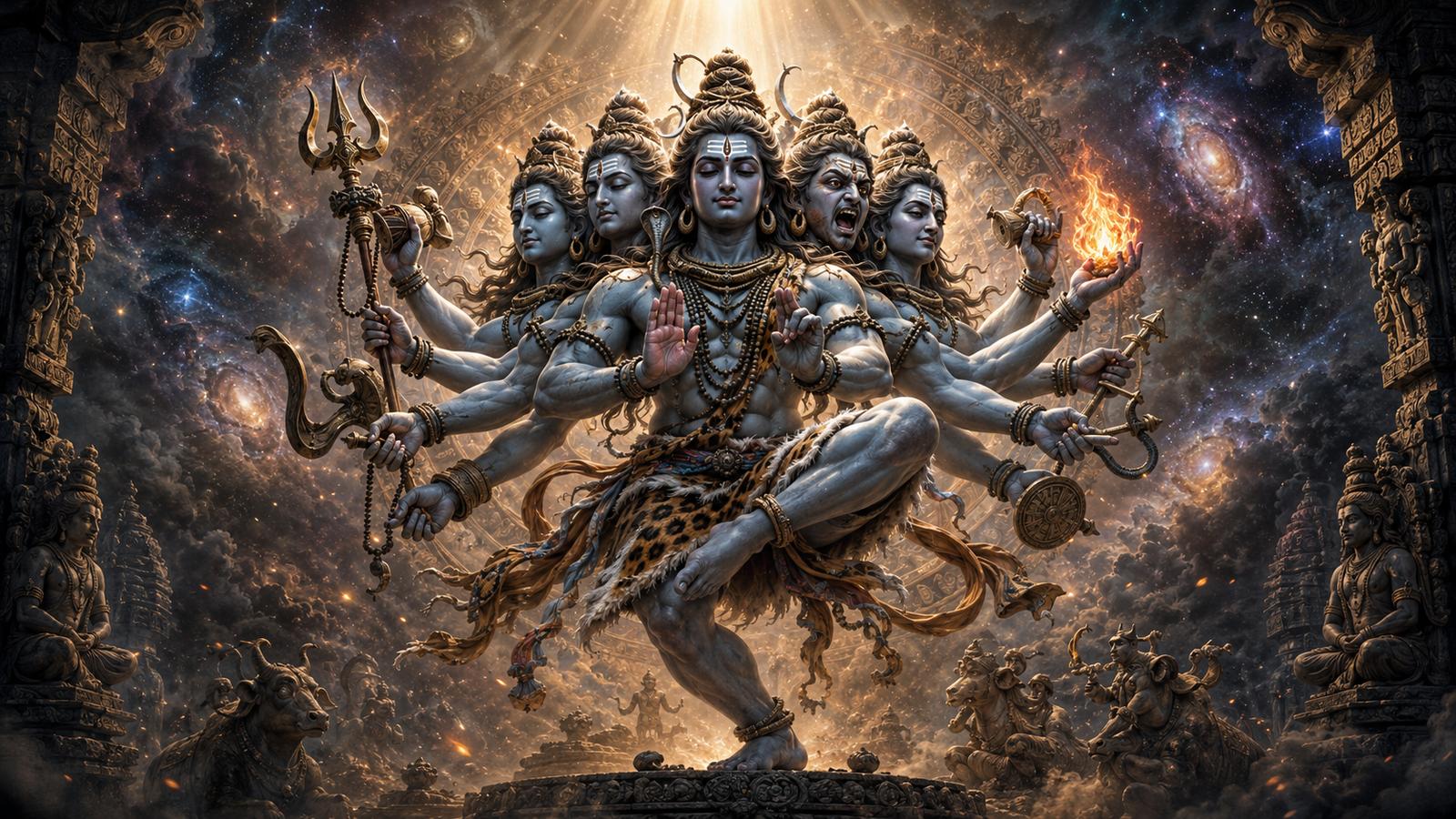 Rare depiction of five-faced Panchamukha Shiva performing the majestic Tandava dance