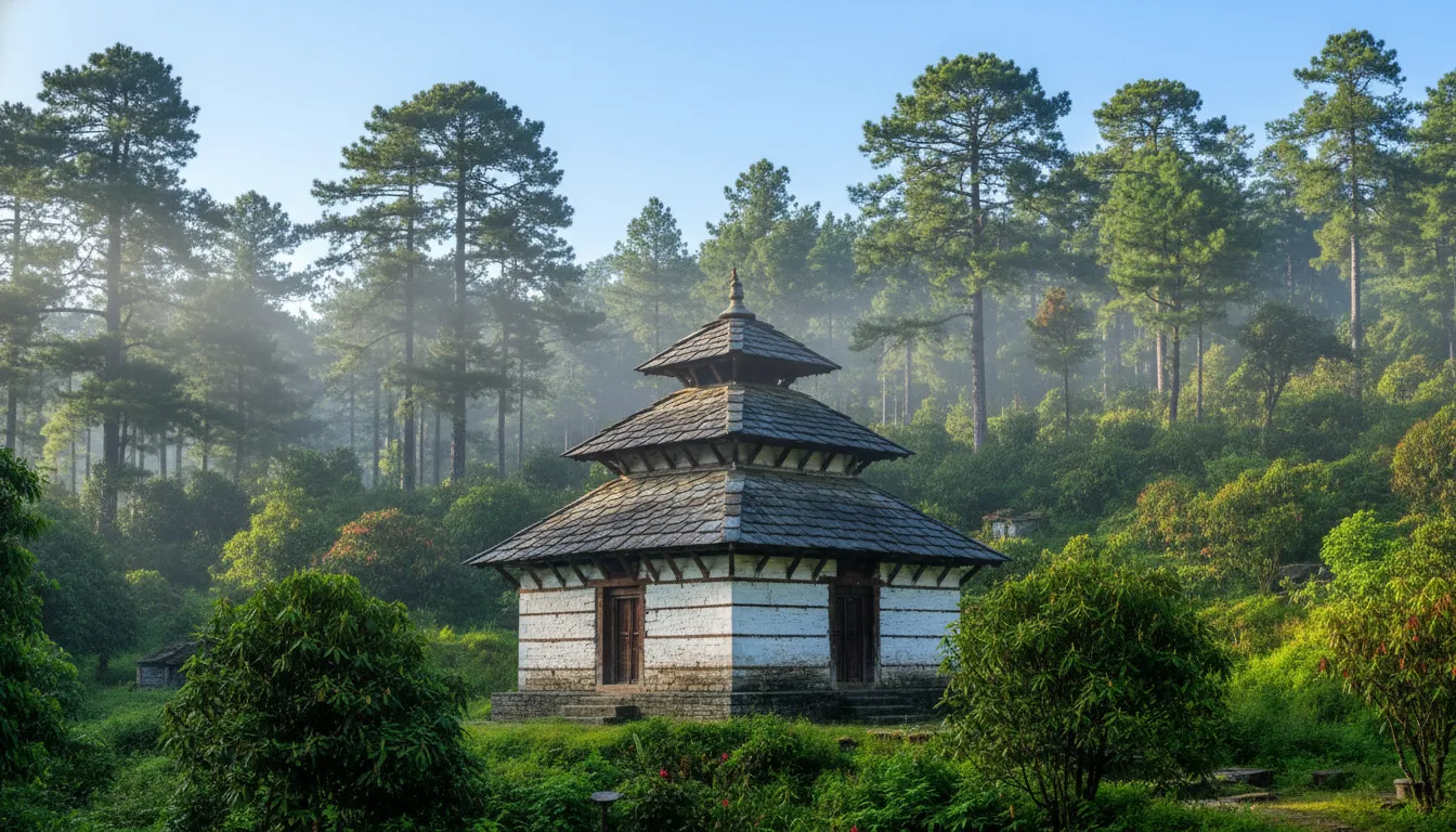 Traditional Himalayan architecture of Binsar Mahadev Temple nestled within a dense pine forest of Almora.