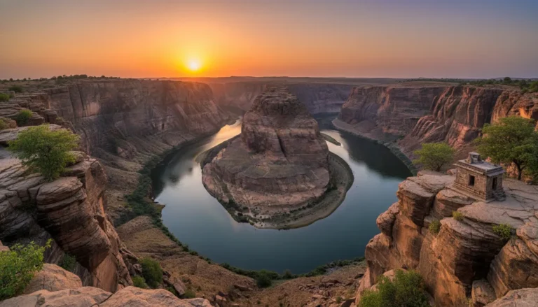 Panoramic view of Garadia Mahadev temple overlooking the horseshoe bend of Chambal river canyon in Kota Rajasthan.