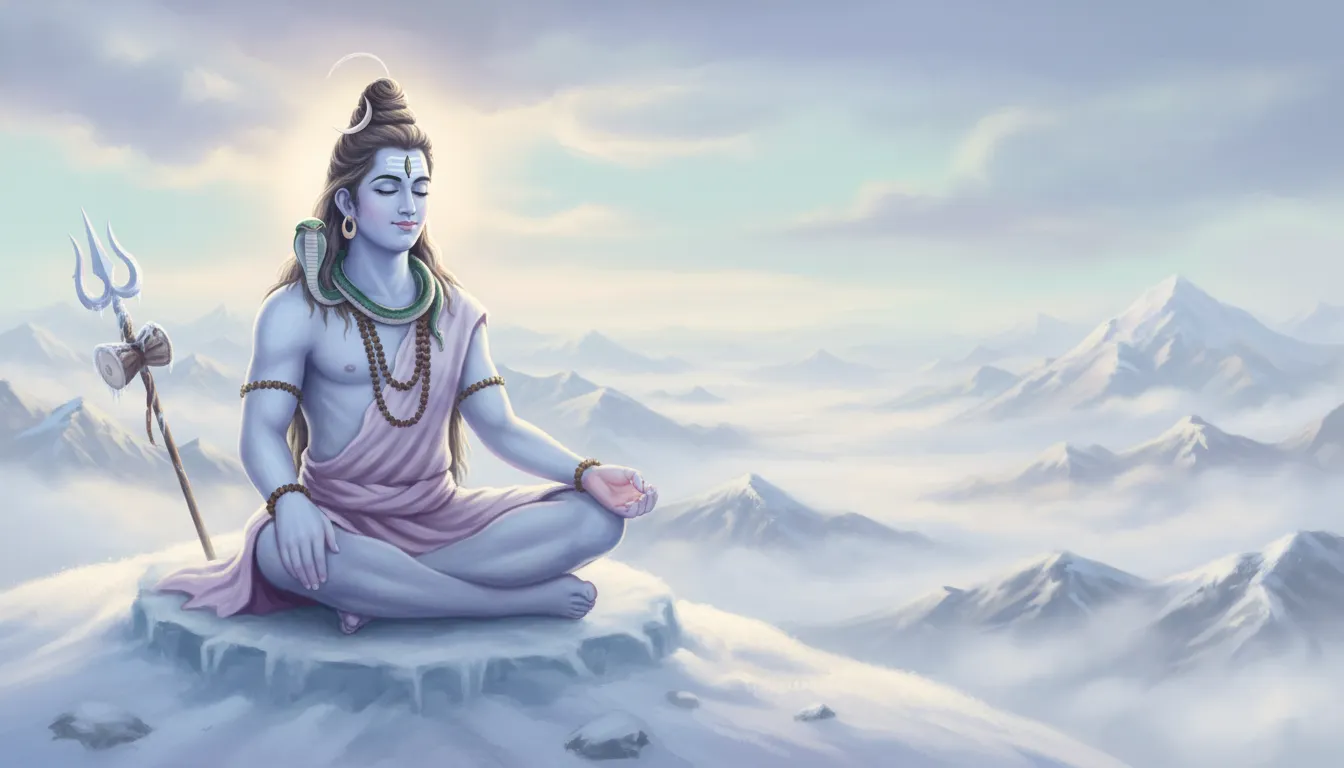 Soft pastel digital painting of Lord Shiva sitting calmly on snow-covered Mount Kailash