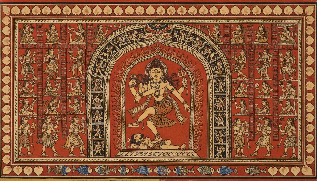 Pattachitra style Nataraja painting with Odisha temple tower arch frame