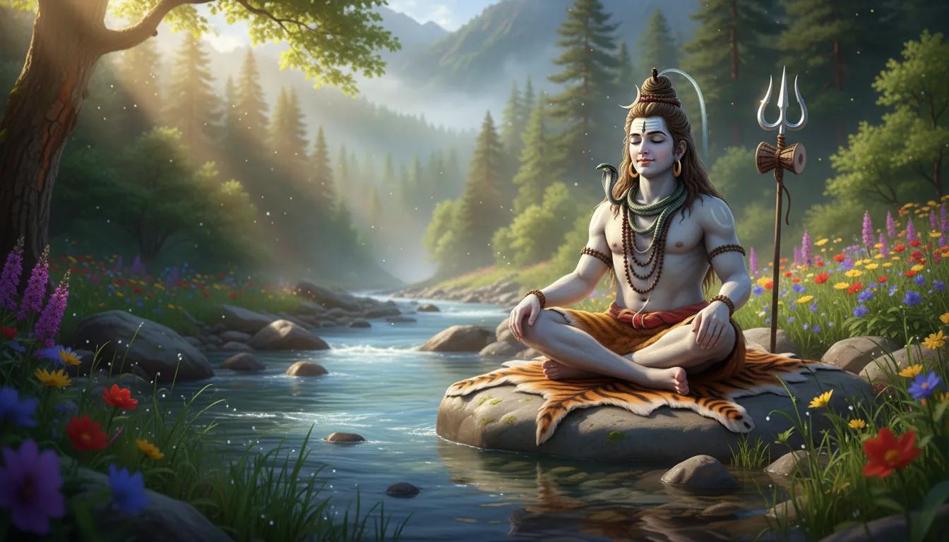 Lord Bholenath sitting near a calm river in a beautiful morning forest HD image