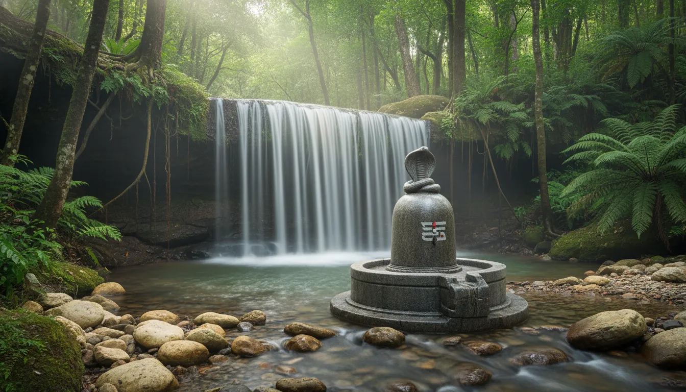 A traditional stone Shiva Lingam sitting peacefully under a small waterfall in a green forest.