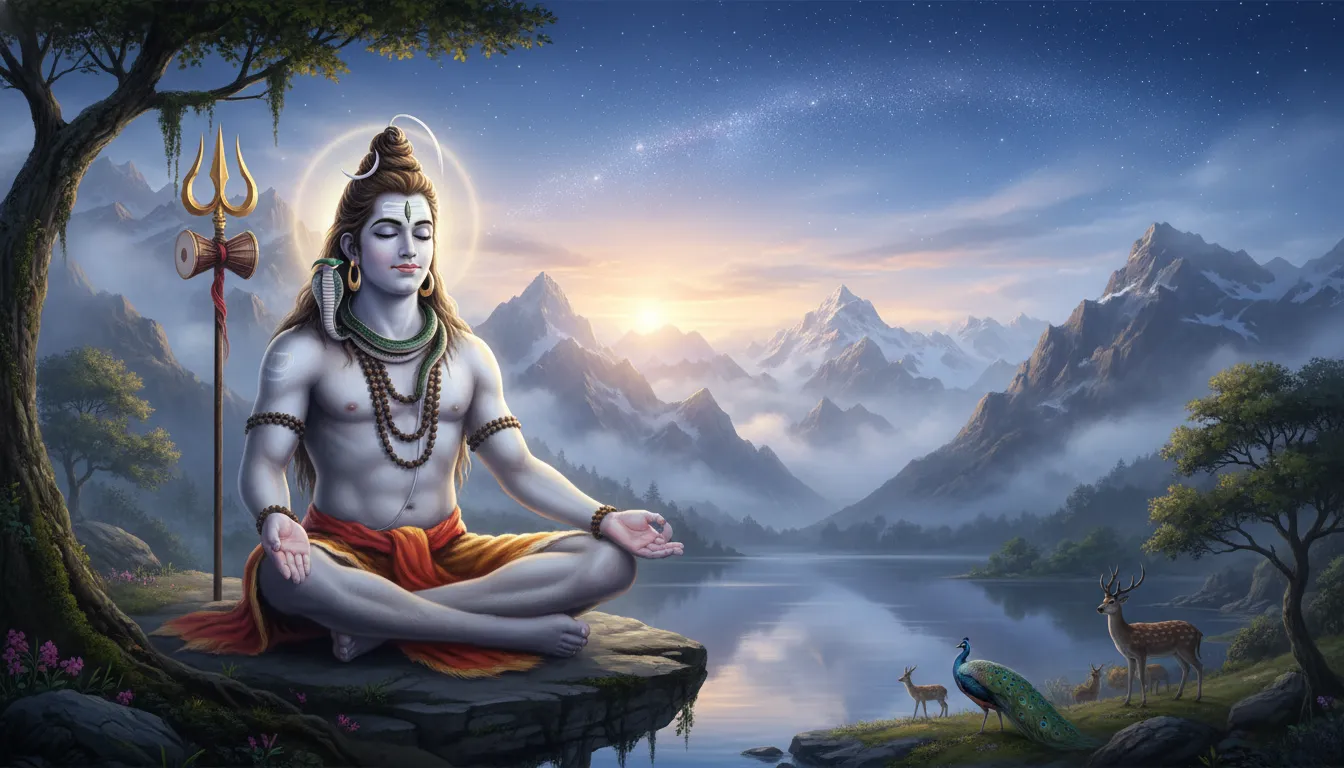 Peaceful Lord Shiva meditation image with closed eyes and mountain background