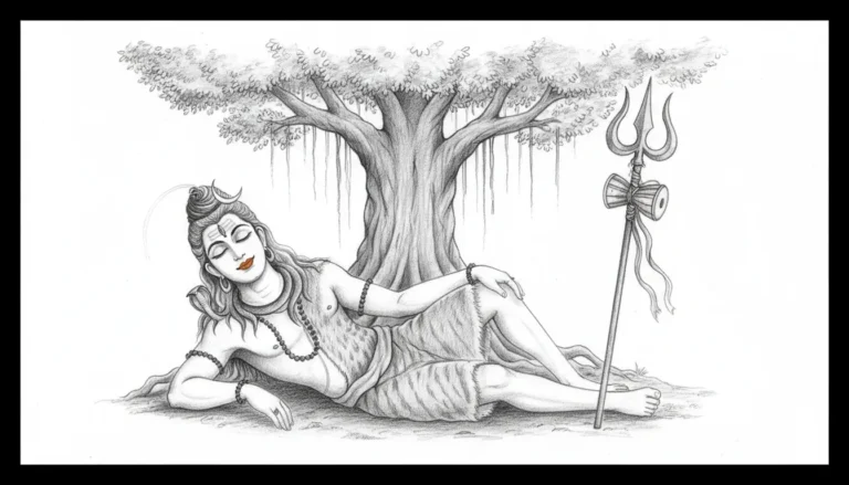 Minimalist monochrome sketch of Lord Shiva sitting peacefully with Trishul by his side.