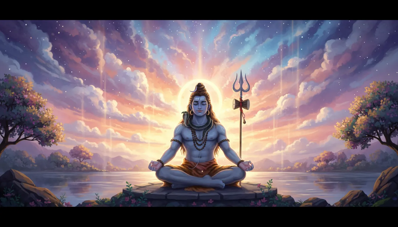 Peaceful animated Mahadev meditating under a colorful sky with stars and clouds.