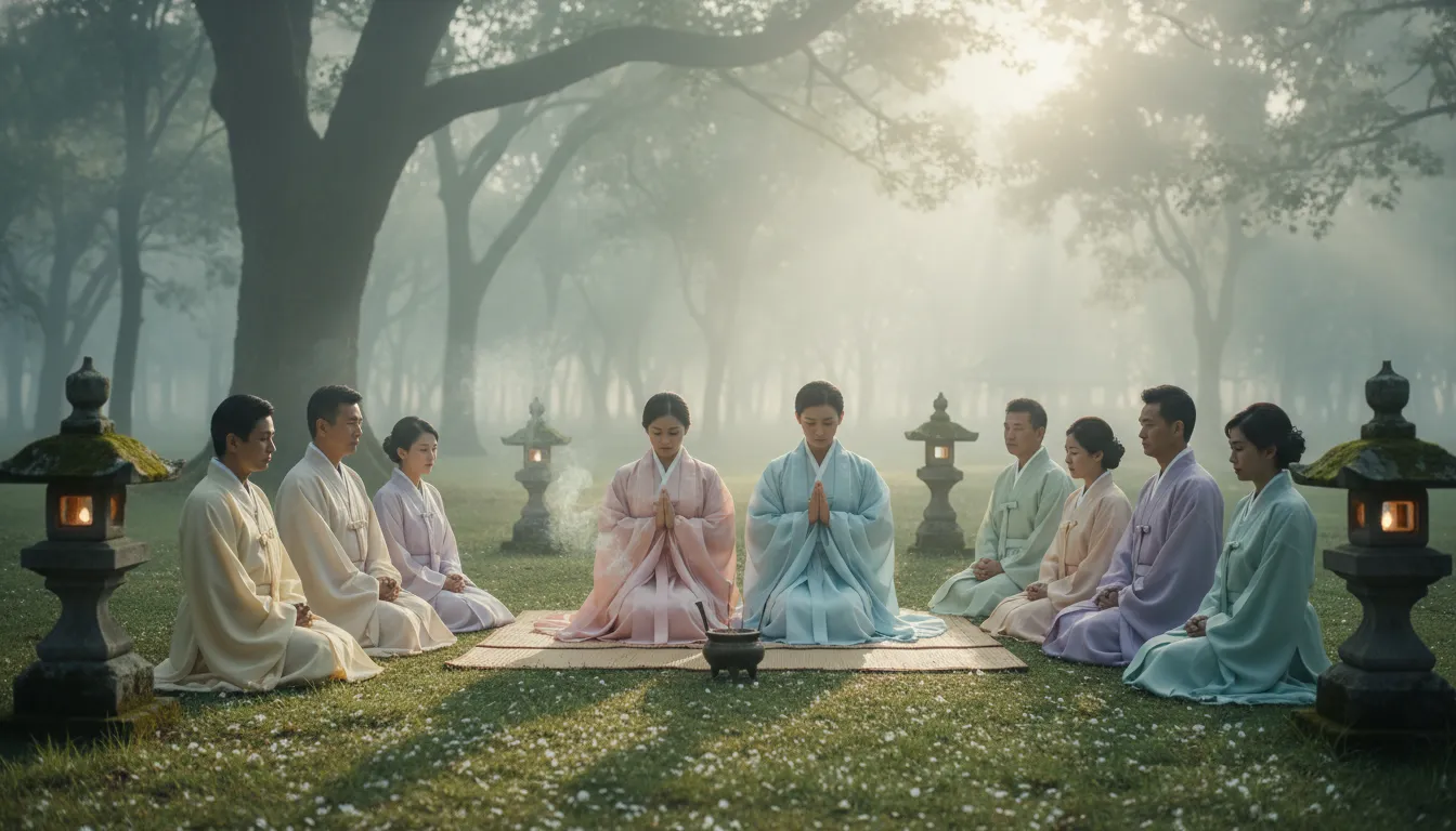 A peaceful morning sacred ceremony gathering scene with soft mist and early sunlight on a praying couple.