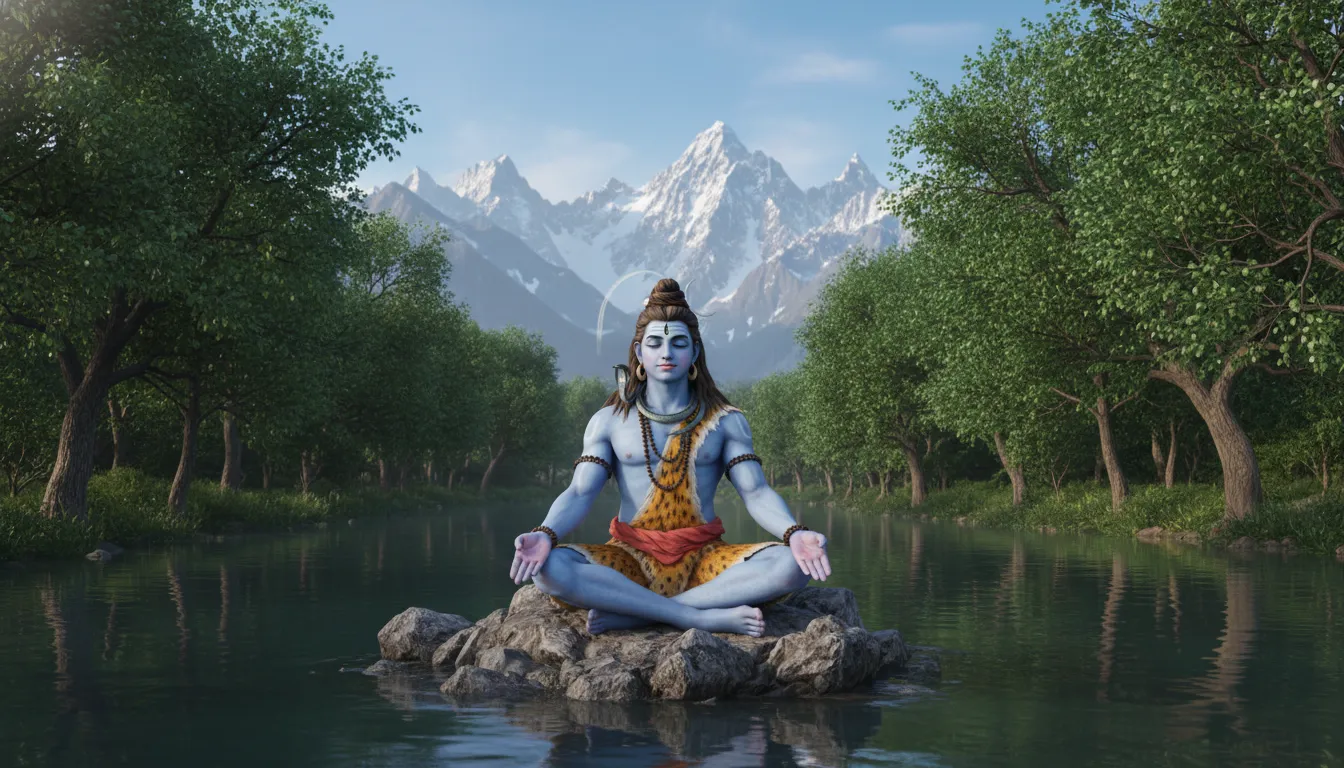 Peaceful Lord Shiva sitting on a rock in a lake with trees and mountains wallpaper.