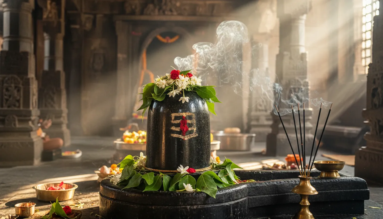 A beautiful Shiva Lingam decorated with Bael leaves and flowers.