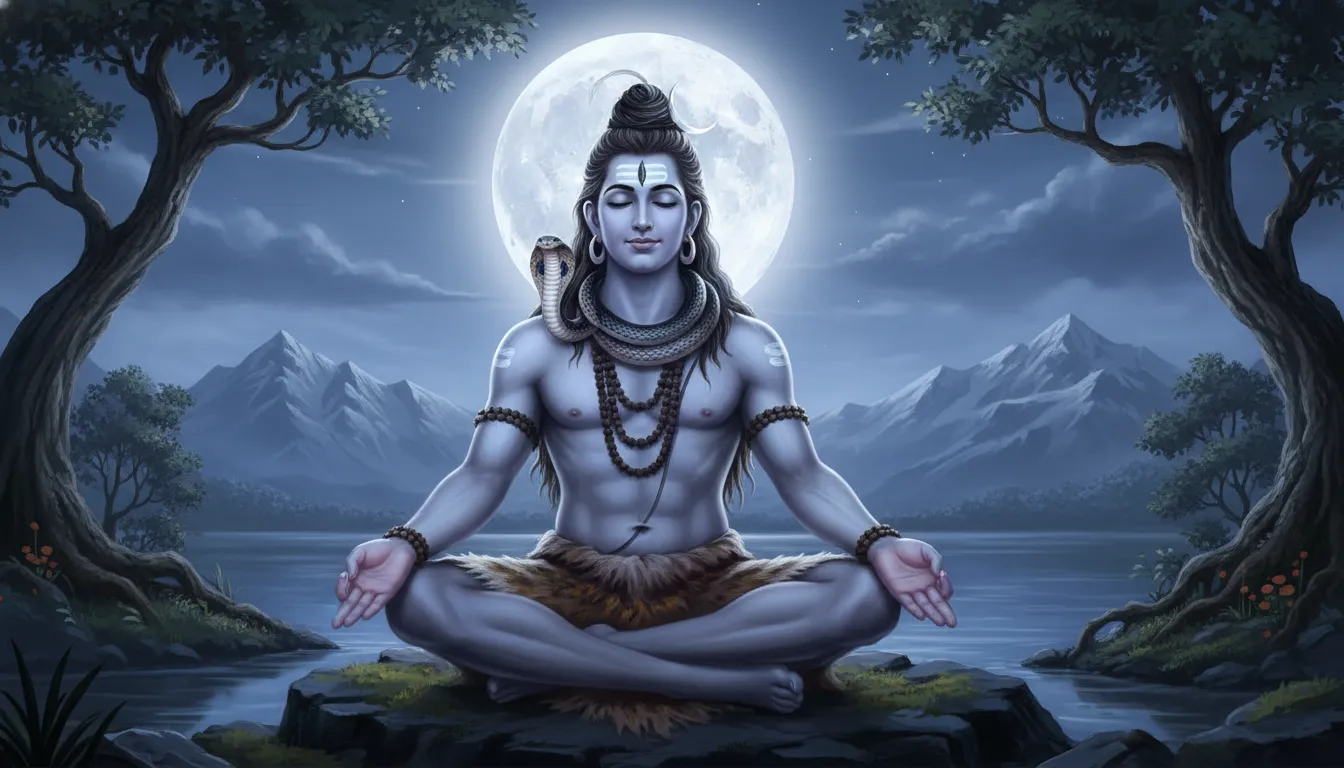 Peaceful Lord Shiva meditating with a snake around his neck under moonlight.