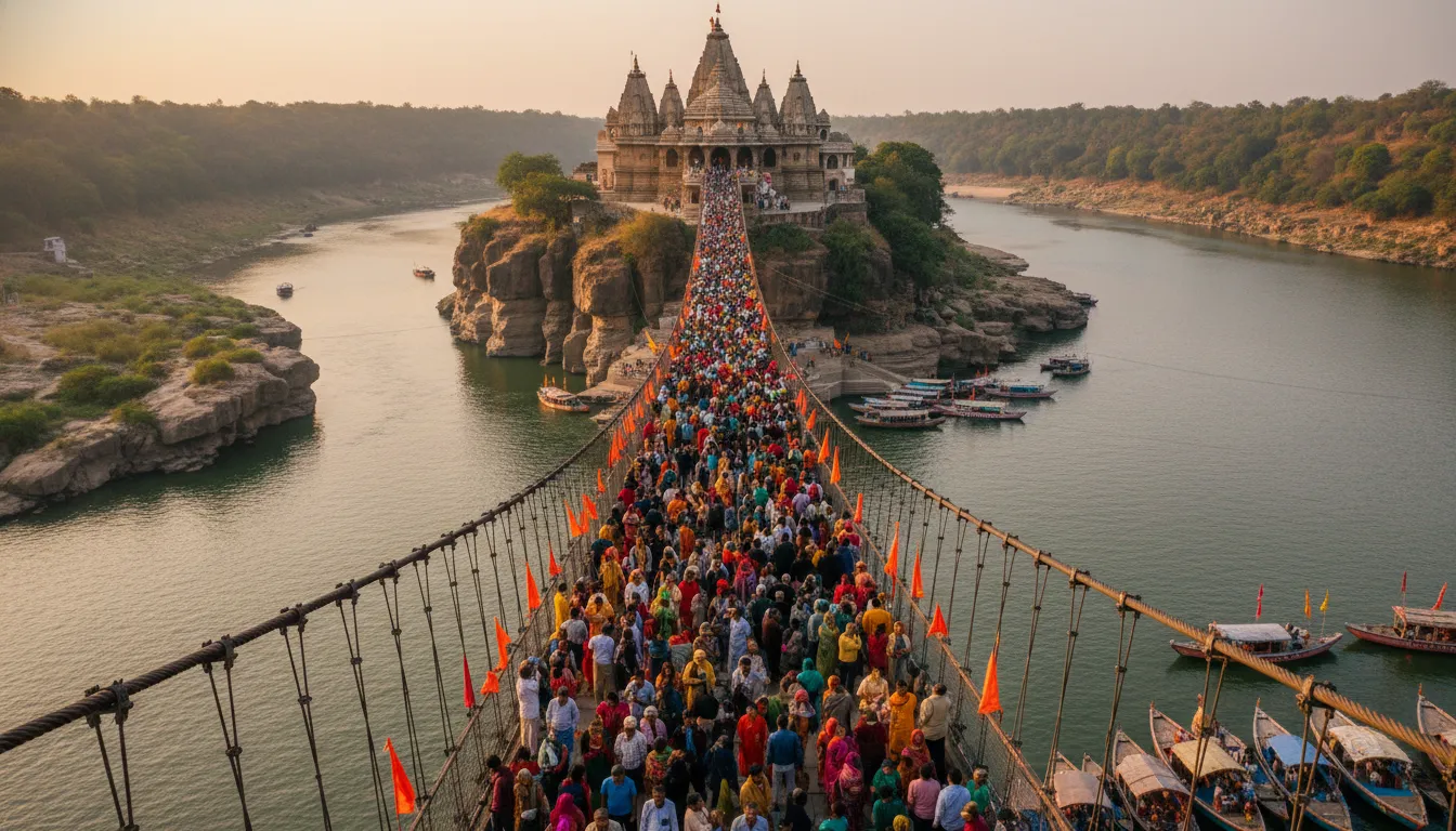 A wide-angle view of the large pedestrian hanging bridge filled with pilgrims walking toward Omkareshwar temple.