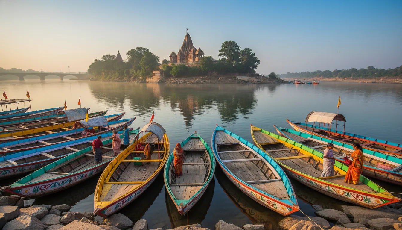 Colorful wooden boats carrying pilgrims across the Narmada River with Omkareshwar temple cliffs in the background.