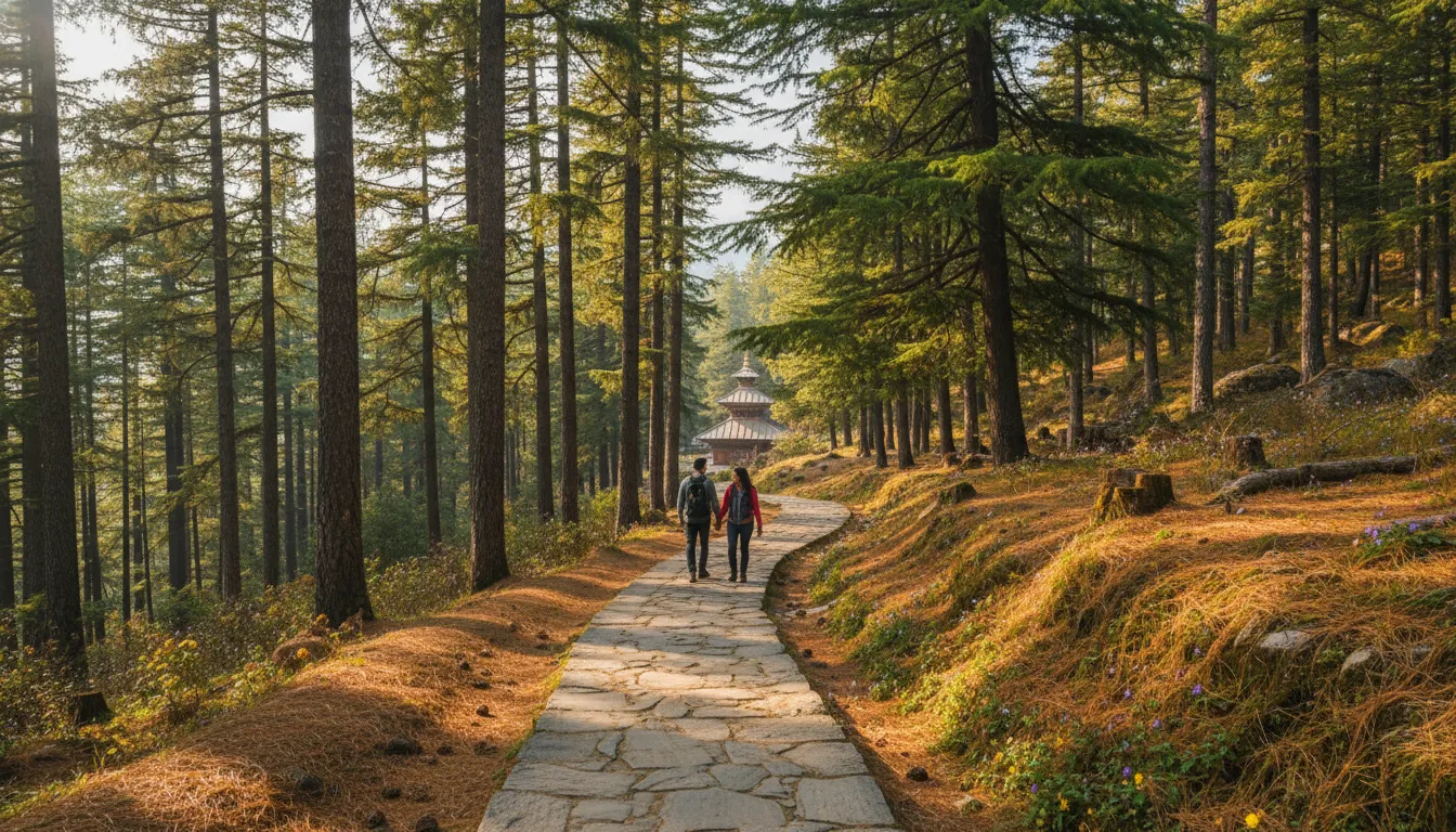 Peaceful walking path through a dense pine forest leading towards the sacred Binsar Mahadev Temple.