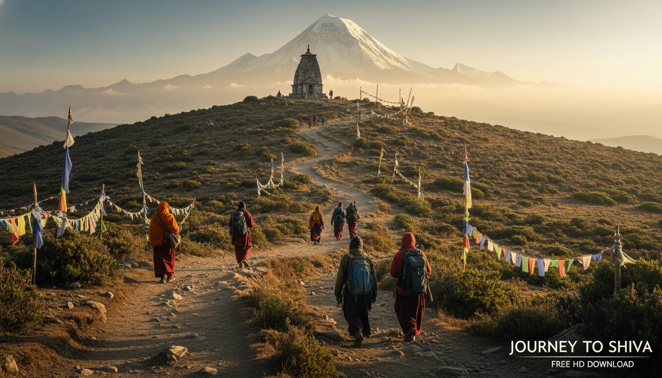 Pilgrim walking path to Shiva temple with Mount Kailash visible ahead