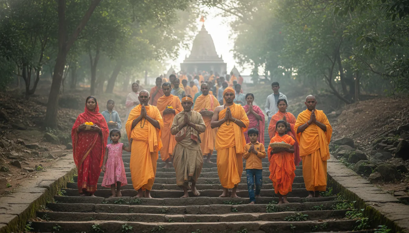 Devotees walking up the stone stairs towards Shikhar Shingnapur Mahadev Temple