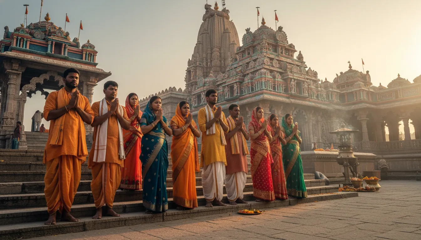 Devotees with folded hands praying outside the main shrine of Neelkanth Mahadev Temple.