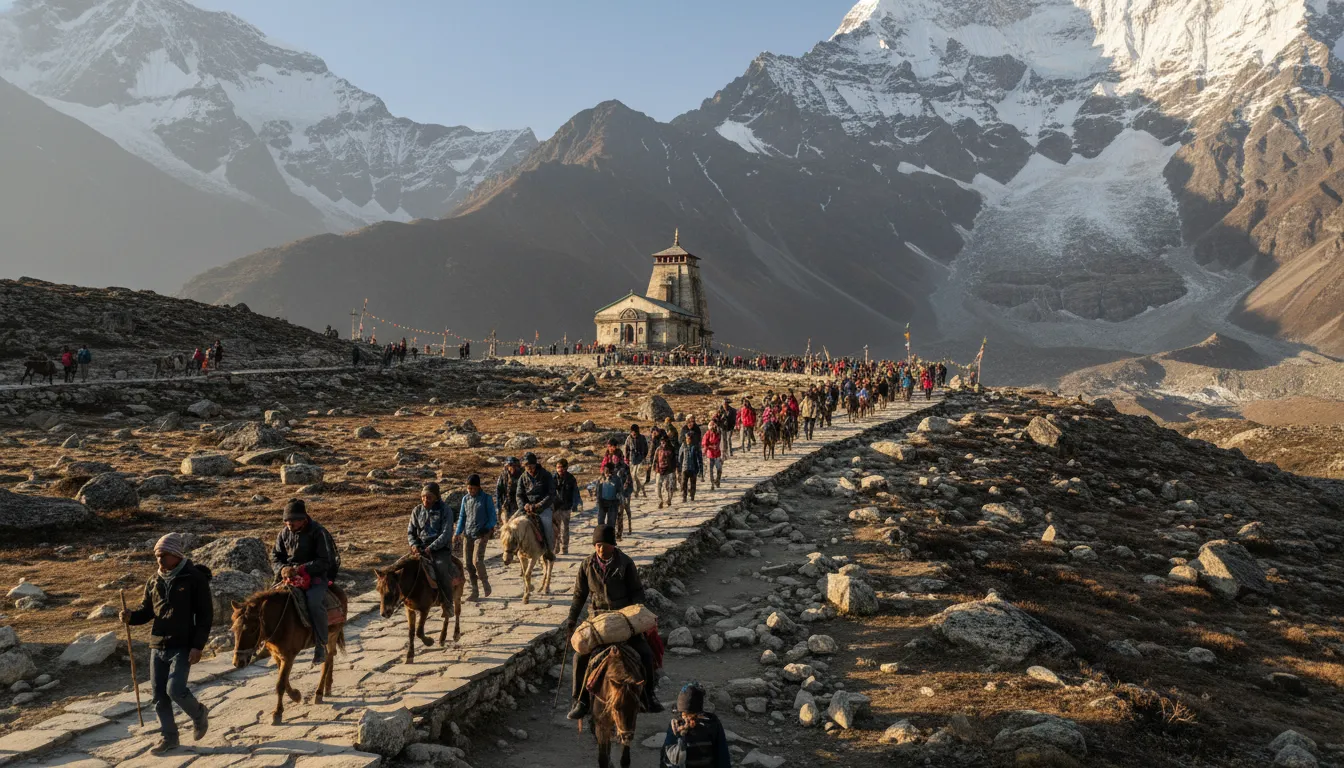 Devotees walking on the mountain pathway leading towards the holy Kedarnath Mahadev temple.