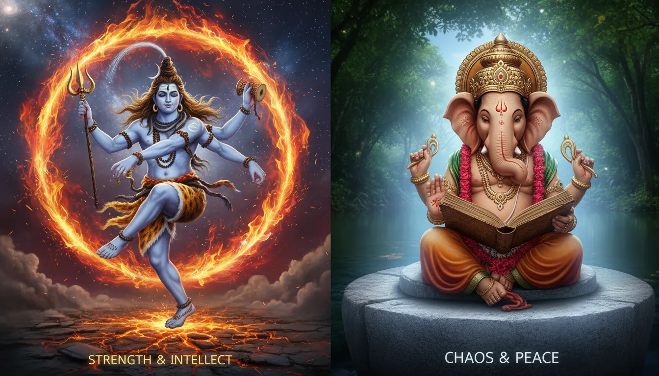 Dynamic photo showing Mahadev's Tandava energy and Ganpati's calm wisdom.