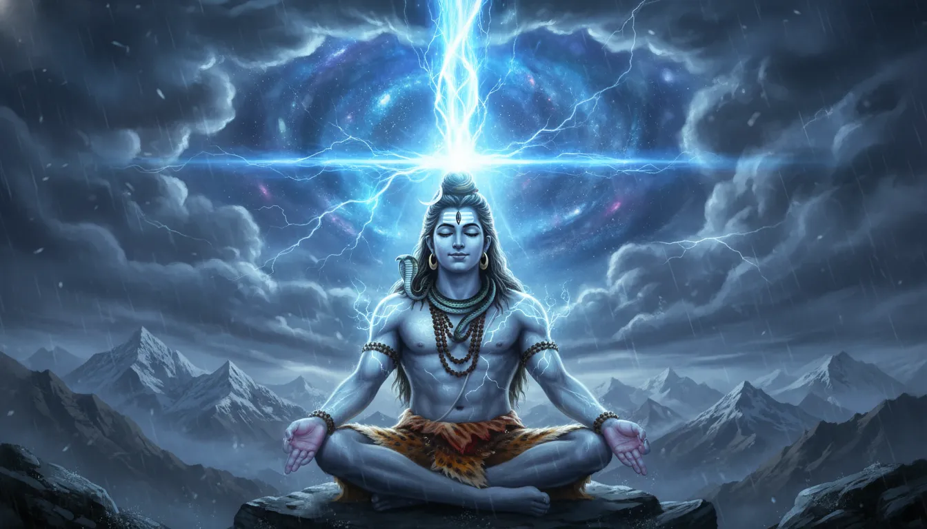 Meditating Lord Shiva with bright cosmic light emerging from his third eye in the mountains.
