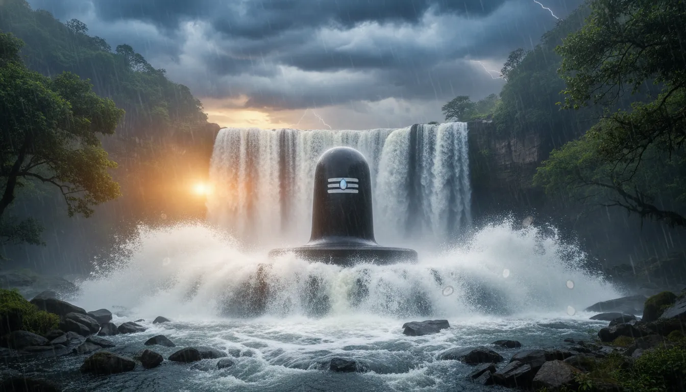A massive Shiva Lingam standing strong under a heavy, powerful monsoon waterfall.