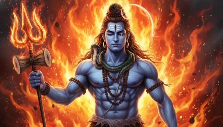 Lord Shiva holding trident with fire background intense divine energy