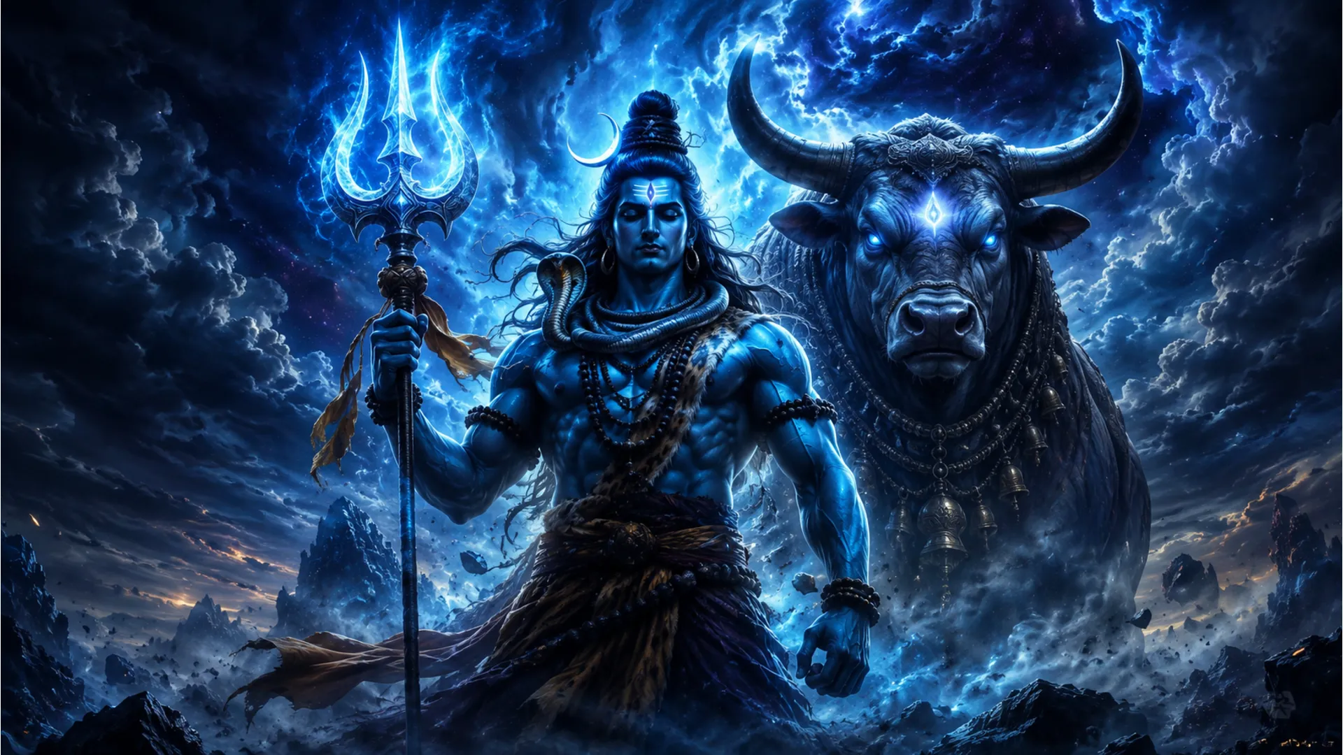 Angry Lord Shiva with a glowing third eye standing protectively in front of Nandi.