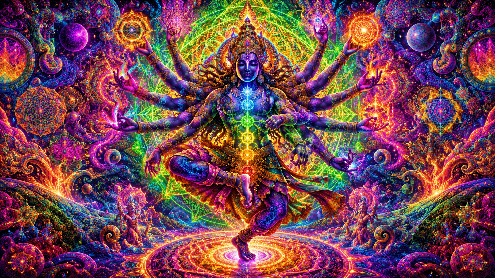 Vibrant psychedelic art style illustration of a multi-armed deity dancing with abstract patterns