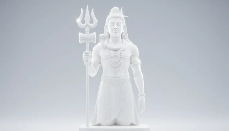 Shiva statue in radiant white holding trident with serene expression divine presence