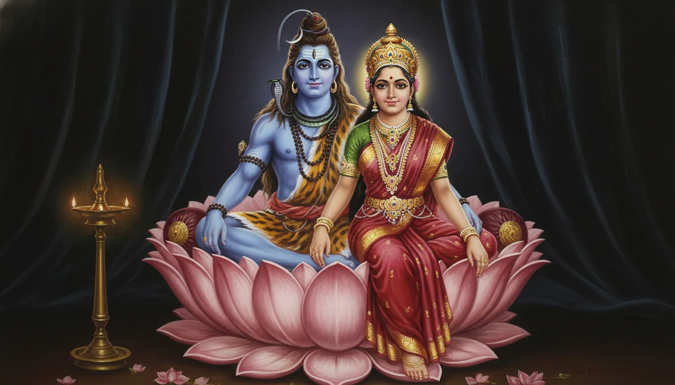 raja ravi varma style shiva parvati on lotus throne realistic painting