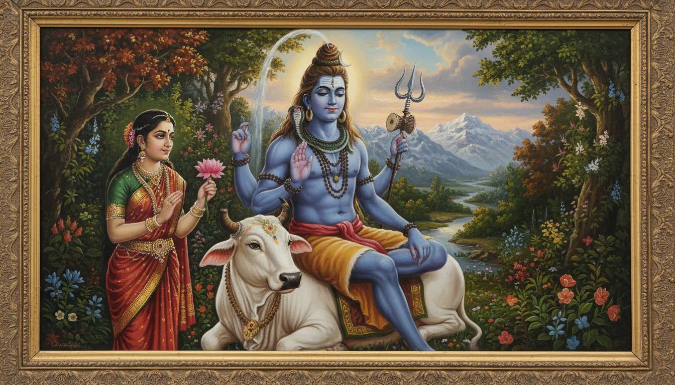 raja ravi varma style lord shiva sitting on nandi realistic painting