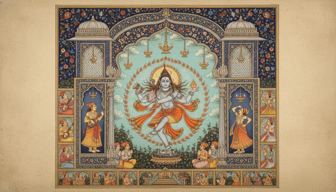 Rajasthani miniature style Nataraja painting with royal Mughal inspired arch