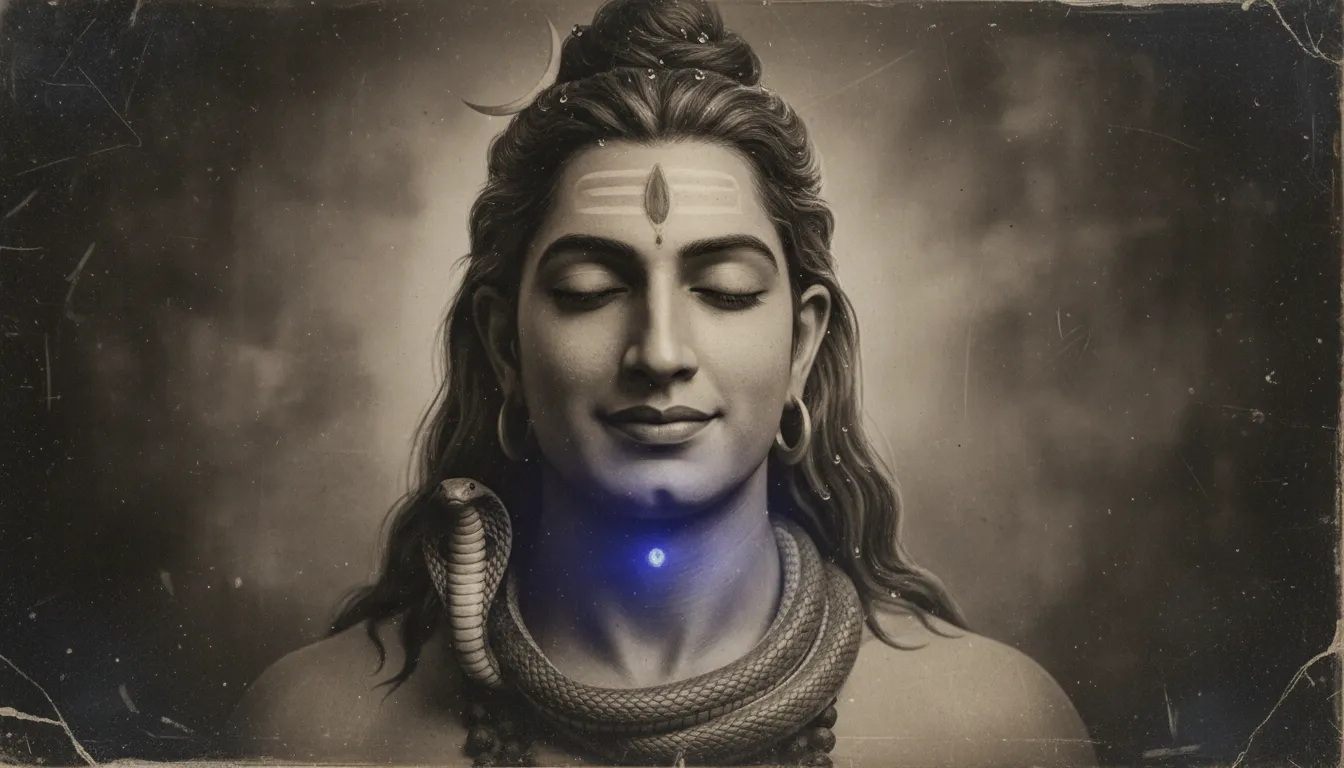 Artistic vintage Mahadev old photo highlighting the blue throat from consuming the cosmic poison.