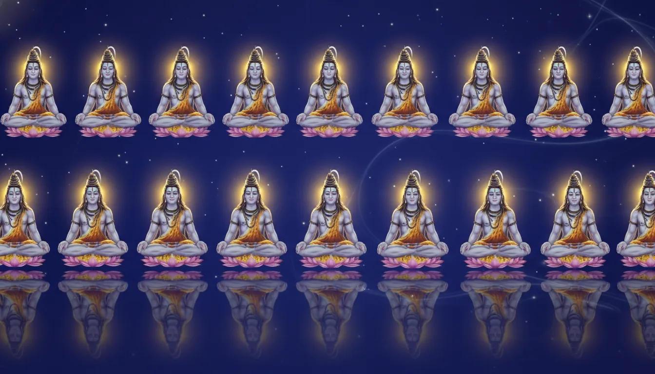 Multiple repeated images of Lord Shiva in meditation pose with glowing aura