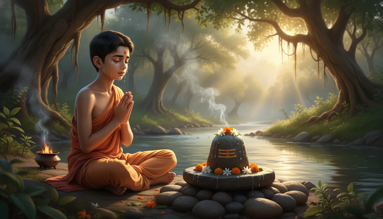 Young Rishi Markandeya performing puja in a beautiful markandey mahadev photo setup.