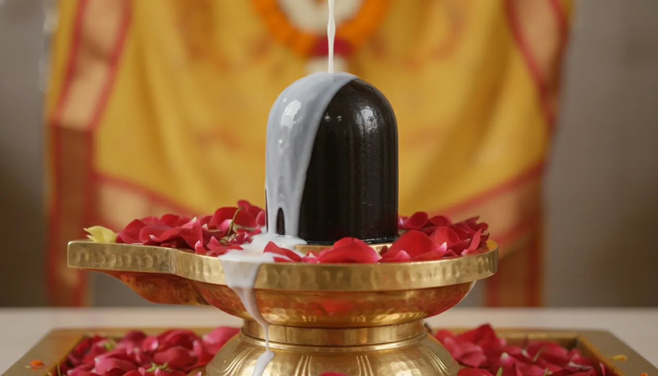 Milk being poured over a small Shiva lingam decorated with red rose petals on a golden stand.