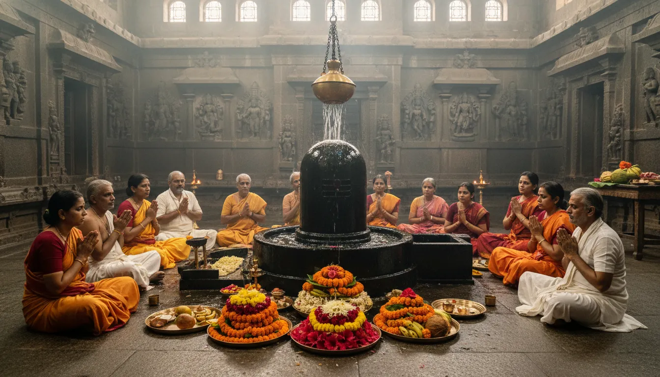 Lingam being bathed with water while devotees sit around during a temple ritual